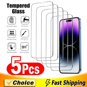 5Pcs Tempered Glass for iPhone 15 14 13 12 11 Pro Max Screen Protector