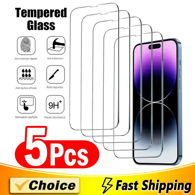 5Pcs Tempered Glass for iPhone 15 14 13 12 11 Pro Max Screen Protector