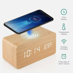 wooden alarm clock with Wireless Phone Charging Pad